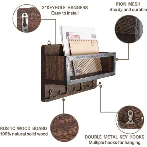 Mail and Key Holder for Wall Decorative, Wooden Wall Key Rack Organizer - Picture 4 of 8
